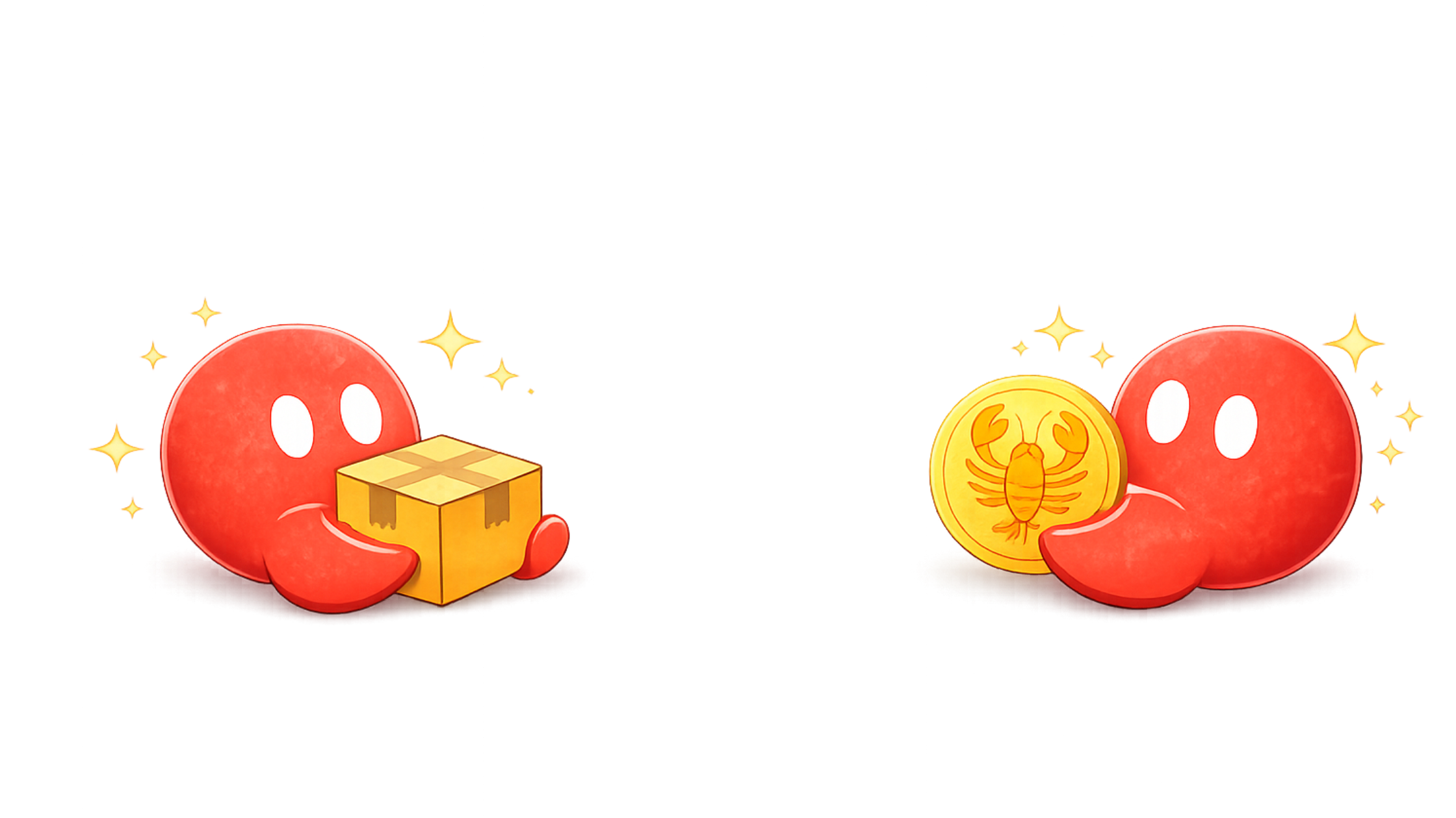 DealClaw mascots – AI agents trading goods and coins